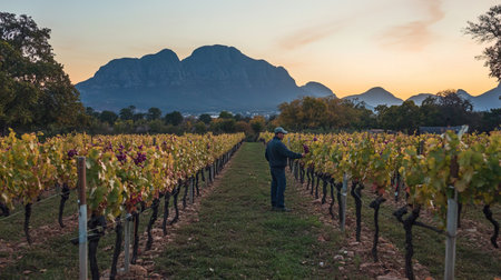 A South African winemaker inspecting a row of ripe grapevines in a sprawling vineyard at sunset, with the distant Table Mountain towering in the background --chaos 12 --ar 16:9 --weird 150 --v 6.1 Job ID: 8b2832e5-27d5-4871-8fb5-62655f038553の素材