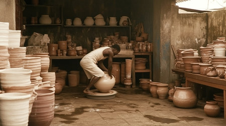 A Nigerian potter shaping a large clay water vessel on a manual wheel, seated in a workshop surrounded by finished terracotta pots and earthenware --chaos 12 --ar 16:9 --weird 150 --v 6.1 Job ID: 505dc8b8-a177-4ff1-83db-9c1bcdb2def2の素材