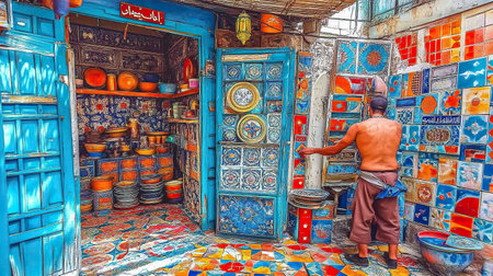 A Moroccan tile artisan crafting intricate zellige patterns in a workshop filled with vibrant ceramic tiles, sunlight streaming through a small window onto the colorful pieces --chaos 12 --ar 16:9 --weird 150 --v 6.1 Job ID: 84c64704-42eb-4a04-9a46-844aebb21936の素材