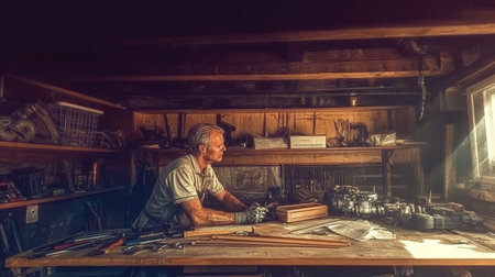 A mechanic in his 40s repairing an engine in a dimly lit garage, his hands stained with grease, tools scattered on the workbench, the smell of oil and metal filling the air --chaos 12 --ar 16:9 --weird 150 --v 6.1 Job ID: 6e07d90c-3356-4e00-bfa4-6c7e9f024984の素材