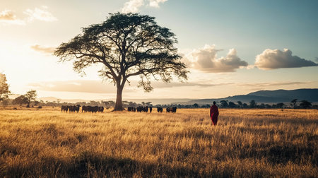 A Masai herder in traditional red shuka guiding a group of cattle across the golden plains of the savanna at sunrise, with distant acacia trees silhouetted against the glowing horizon --chaos 12 --ar 16:9 --weird 150 --v 6.1 Job ID: 396269d7-1e91-47ba-b0a7-334faa11267dの素材
