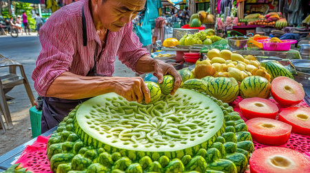 A Thai fruit carver delicately creating intricate floral designs on a ripe watermelon, seated at a table filled with colorful tropical fruits, with a serene garden setting in the background --chaos 12 --ar 16:9 --weird 150 --v 6.1 Job ID: 3699747c-6e71-40b1-97ad-b43e5e19039fの素材
