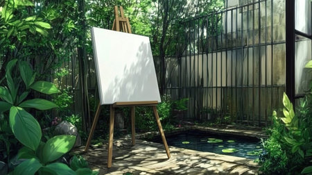 illustration of a blank white canvas on an easel set up in an anime-style garden, with vibrant flowers and a small pond, anime style --chaos 12 --ar 16:9 --weird 150 --v 6.1 Job ID: f45842c5-058b-45af-b165-a04b2405513dの素材