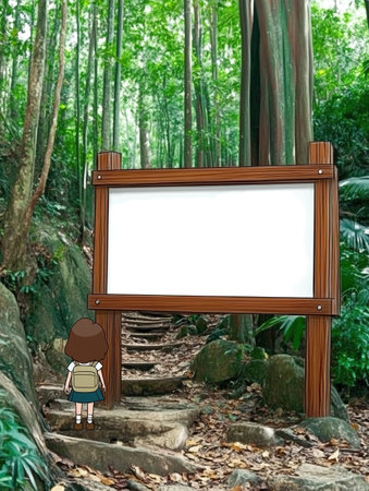 illustration cute chibi of a bold explorer girl standing next to a large blank expedition sign in a dense jungle, chibi style, cute girl --chaos 12 --ar 3:4 --weird 150 --v 6.1 Job ID: 7853cc1d-5be6-40ed-b734-4d03968ad487の素材