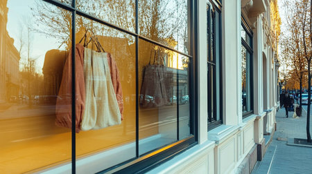 photo of a blank storefront display window in a minimalist shopping district, warm evening light with reflections --chaos 12 --ar 16:9 --weird 150 --v 6.1 Job ID: 501b4587-1b64-45fd-90a1-71a4f2245c4aの素材