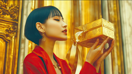 photo of female confident Asian woman with black bob-cut hair wearing a red jacket, holding a luxury golden gift box with a satin ribbon toward the screen, high-end boutique background with warm lighting, valentine gift from woman --chaos 12 --ar 16:9 --weird 150 --v 6.1 Job ID: 27c1f1c6-adca-4727-b9c0-ff2da31b9785の素材