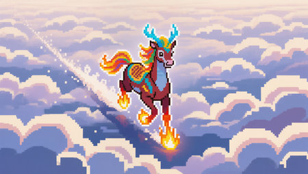 Pixelated illustration of a mythical creature, possibly a winged horse or similar, depicted in flight amidst a backdrop of colorful clouds.  The creature is vibrant and detailed in its design and appears to be soaring through a sky of layered, textured clouds.  The style of the image is clearly pixel art.の素材