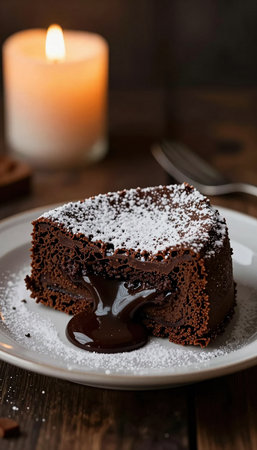 A slice of rich chocolate lava cake, dusted with powdered sugar, sits on a plate with molten chocolate flowing out, illuminated by a warm candle.の素材