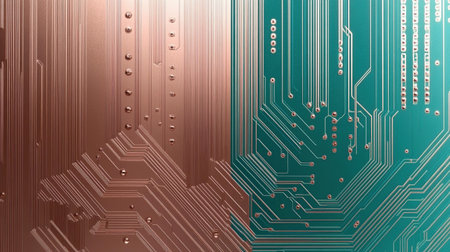2d illustration of circuit board traces in copper and teal, abstract technological lines, wallpaper background, flat illustration art, 2d art --no people, text, watermark, logo --chaos 12 --ar 16:9 --weird 150 --v 6.1 Job ID: 819eac91-626a-4c41-b69d-d529564fc84aの素材