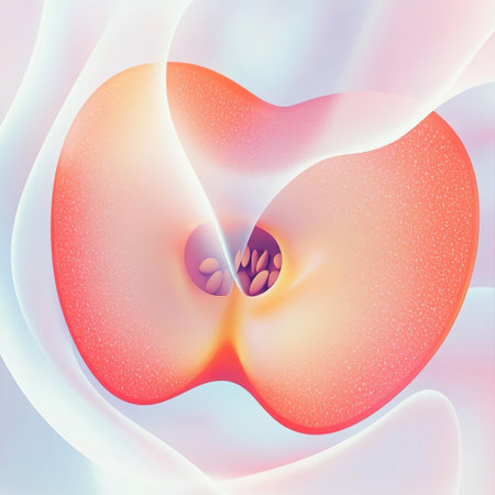 a sliced apple, a red and white digital illustration depicting the silhouette of a halved apple with its core and seeds visible, smooth curved edges, highlight the main subject in the picture, the background features a soft white gradient, creating a fresh aesthetic, noise --no people, text, watermark, logo --chaos 30 --ar 1:1 --style raw --sref https://s.mj.run/pJWcWmkaAo0 https://s.mj.run/01fVOPq1L5U --v 6.1 Job ID: b74ada29-7afe-480b-8635-4474ed73ece9の素材