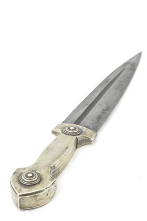 Beautiful example of caucasian dagger with silver grip and blade from Damascus steel in form of Rome sword. 19 century (Time of Russian-Caucasian wars (1816-1864)). Russiaの写真素材