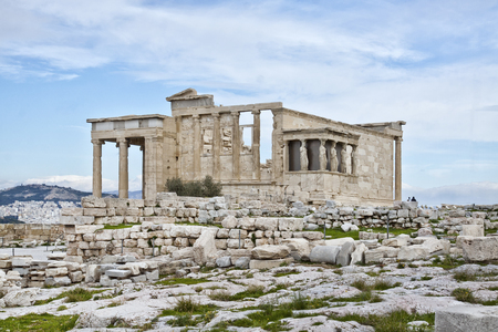 The Erechtheion is an ancient Greek temple on the north side of the Acropolis of Athens in Greece which was dedicated to both Athena and Poseidonの写真素材
