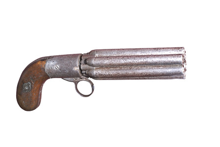 West-european sextuple gun of 19th century 1840. Marietta system. With path on white backgroundの写真素材