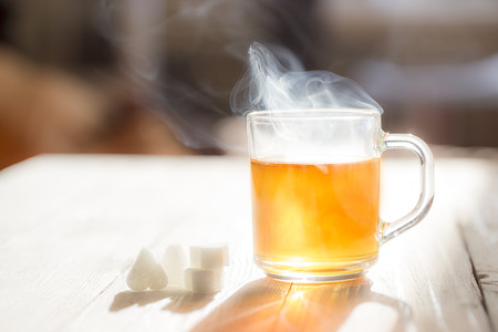 Picture of glass mug with tea at sunny day.の写真素材