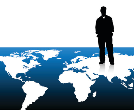 Silhouette of businessman standing on world mapのイラスト素材