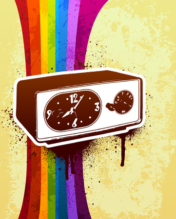 Retro clock with rainbow stripe and grunge backgroundのイラスト素材