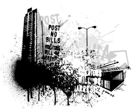 Black graffiti and paint splatter grunge city imageのイラスト素材