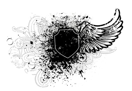 Black shield and wing design with grunge paint splatterのイラスト素材