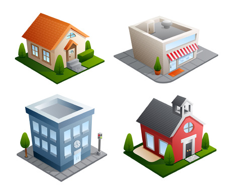 Set of 4 building illustrations - House, Store, Office, Schoolのイラスト素材