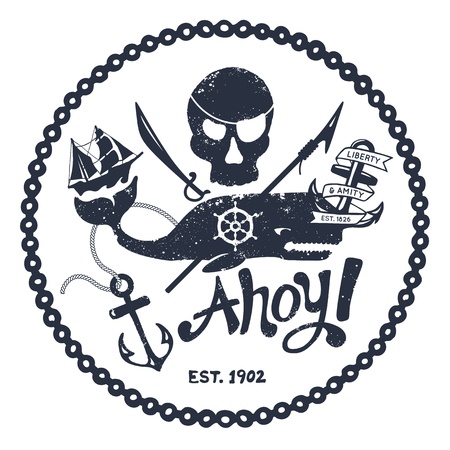 Vintage style nautical skull and whale designのイラスト素材