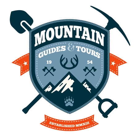 Mountain themed outdoors emblem with tools and axesのイラスト素材