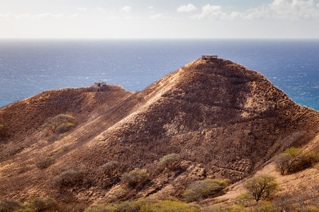 View of Diamond Head Pillbox landscape overlooking the blue ocean off Waikiki, Oahu, Hawaii.