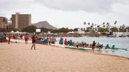HONOLULU, HAWAII/USA â MAY 28, 2018: Volunteers depart on a catamaran with lanterns for the annual lantern floating ceremony at Ala Moana Beach Park on Magic Island in downtown Honolulu, Oahu, Hawaii, USA.のeditorial素材