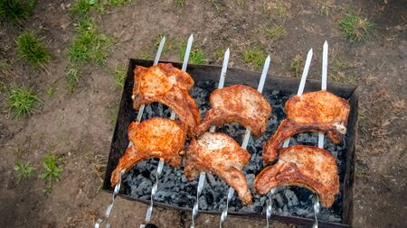 Grilled kebab cooking on metal skewer. Roasted meat cooked at barbecue. BBQ fresh beef meat chop slices. Traditional eastern dish, shish kebab. Summertime fun.の写真素材