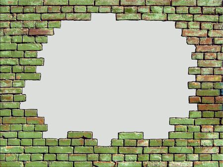 Brick wall of an old building. The old wall with red bricks is painted green. There is a separate place for your photo or text. Background for home or office design.の写真素材