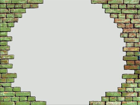 Brick wall of an old building. The old wall with red bricks is painted green. There is a separate place for your photo or text. Background for home or office design.の写真素材