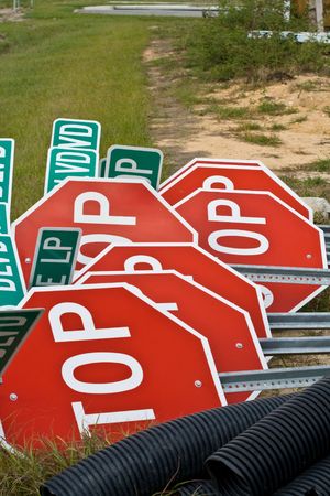 Stop signs piled up on a construction siteの写真素材 [40002512987]｜毎月1点無料 ...