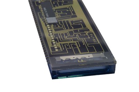 Backside of a gas plasma digital display circuit encased in glass