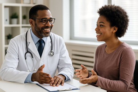 smiling african american doctor and patient discussing something while sitting at table in clinicの素材
