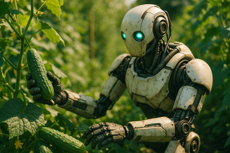 Robot with cucumber in the gardenの素材