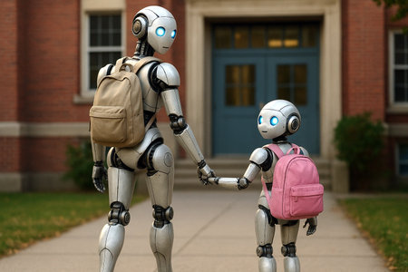 Robot and schoolboy standing in front of school building holding handsの素材