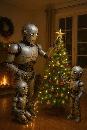 Robot and Christmas tree in the living room at home. Christmas concept.の素材
