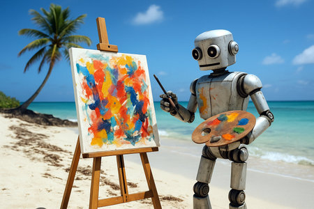 A robot paints a picture on the beachの素材