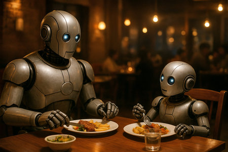 Robot father and robot son meal in restaurantの素材