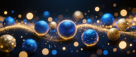 Golden and blue Christmas balls on a black backgroundの素材