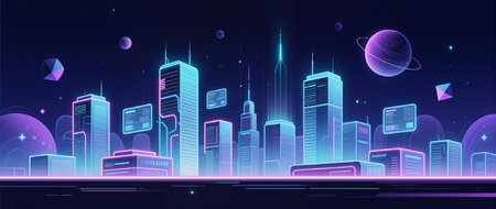 Futuristic city at night with neon lightsの素材