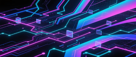 Abstract technology background with hexagons and glowing lines.の素材