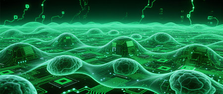 Futuristic cyber landscape with circuit board and microchipの素材