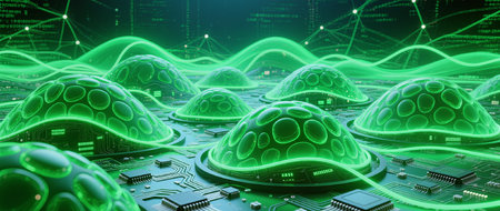 3D rendering of abstract futuristic circuit board with green lights on backgroundの素材