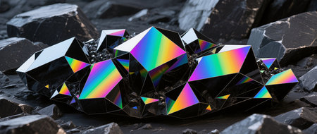 3D rendering of a black crystal with colorful crystals on a black backgroundの素材