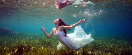 a bride swimming underwaterの素材