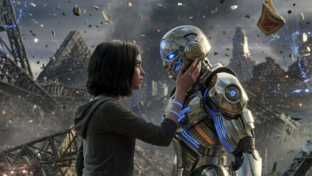 A girl and a cyborg together on Earth's last dayの素材