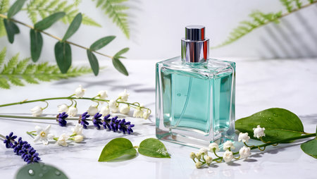 bottles of perfume and flowersの素材