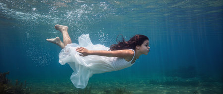 young woman swimming underwaterの素材