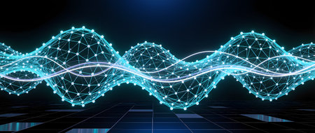Digital wave illustration features glowing blue nodes and interconnected lines, symbolizing data flow and connectivity in a modern technology settingの素材