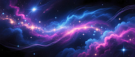 Stunning cosmic nebula features swirling pink and blue clouds, with twinkling stars illuminating the dark expanse, evoking a sense of wonder and explorationの素材
